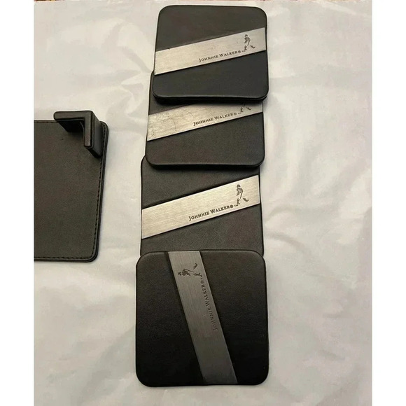 Set of 4 Johnnie Walker Leather Coaster Black Silver Band 10x10 - Picture 1 of 7